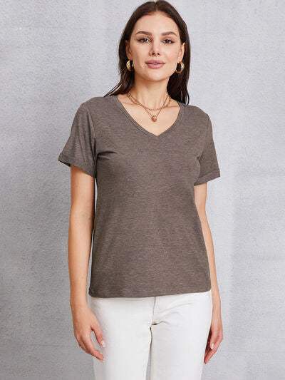 V-Neck Short Sleeve T-Shirt Mocha Women's T-Shirts - Tophatter Daily Deals