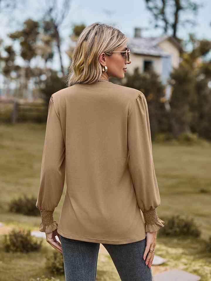 Notched Neck Flounce Sleeve Blouse Blouses - Tophatter Daily Deals