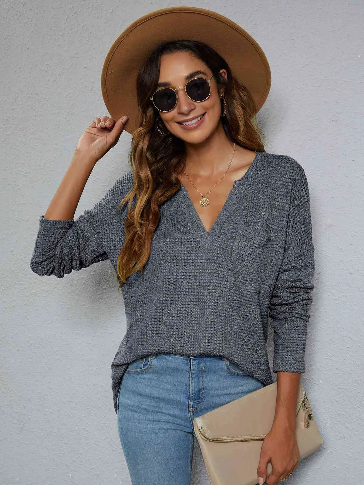 Dropped Shoulder High-Low Waffle-Knit Top Charcoal Blouses - Tophatter Daily Deals