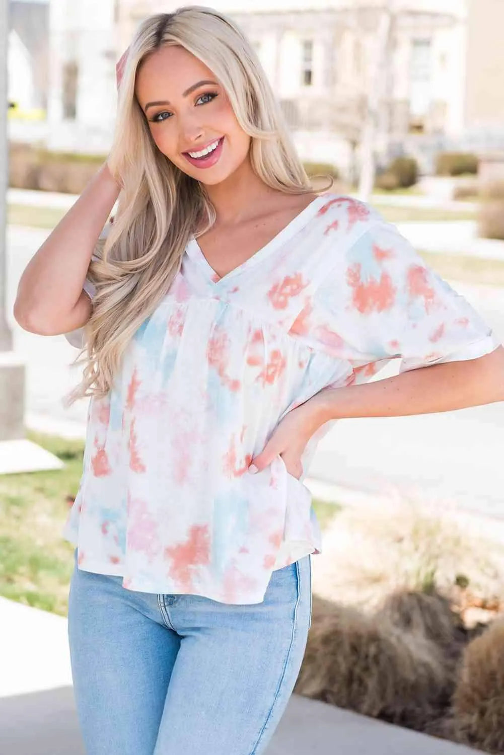 Tie-Dye V-Neck Tie Back Top Blouses - Tophatter Daily Deals