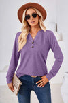 Notched Button Detail Long Sleeve T-Shirt Women's T-Shirts - Tophatter Daily Deals