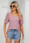 Eyelet Puff Sleeve Round Neck Top Blouses - Tophatter Daily Deals