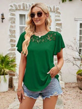 Lace Detail Round Neck Short Sleeve T-Shirt Green Women's T-Shirts - Tophatter Daily Deals