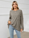 Round Neck Ribbed Long Sleeve T-Shirt Charcoal Women's T-Shirts - Tophatter Daily Deals