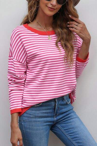 Striped Round Neck Drop Shoulder T-Shirt Blouses - Tophatter Daily Deals