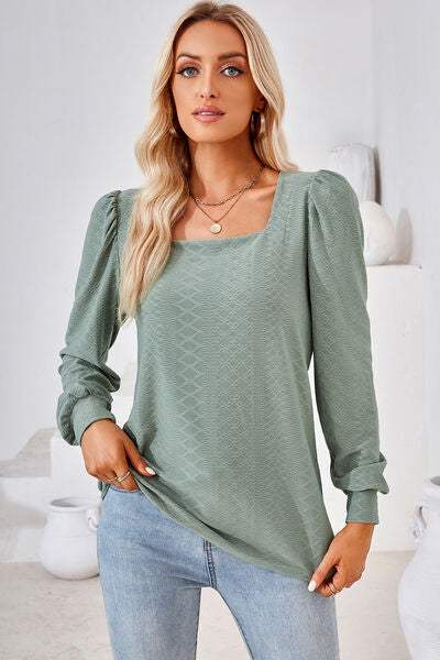 Square Neck Puff Sleeve T-Shirt Sage Women's T-Shirts - Tophatter Daily Deals