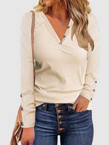 Decorative Button V-Neck Long Sleeve T-Shirt Coral Women's T-Shirts - Tophatter Daily Deals