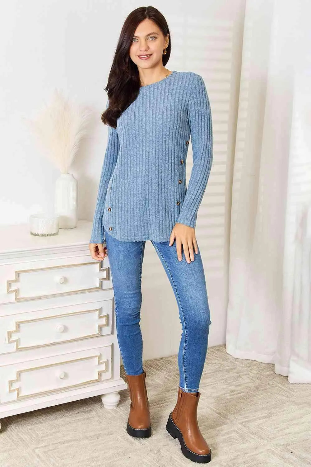 Double Take Round Neck Ribbed Long Sleeve T-Shirt Women's T-Shirts - Tophatter Daily Deals