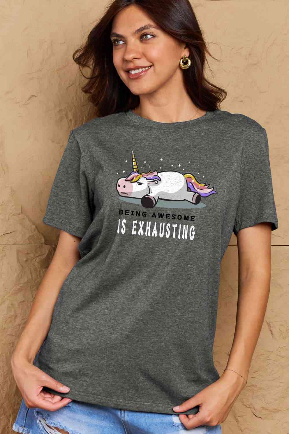 Simply Love Full Size BEING AWESOME IS EXHAUSTING Graphic Cotton Tee Women's T-Shirts - Tophatter Daily Deals