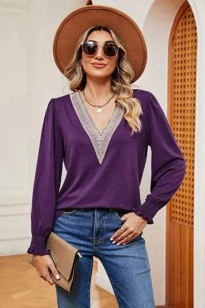Lace Detail V-Neck Lantern Sleeve T-Shirt Women's T-Shirts - Tophatter Daily Deals