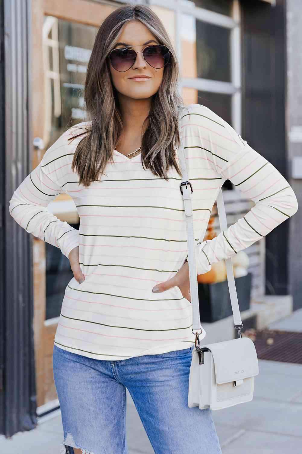 Striped Dropped Shoulder V-Neck Top Beige Women's T-Shirts - Tophatter Daily Deals