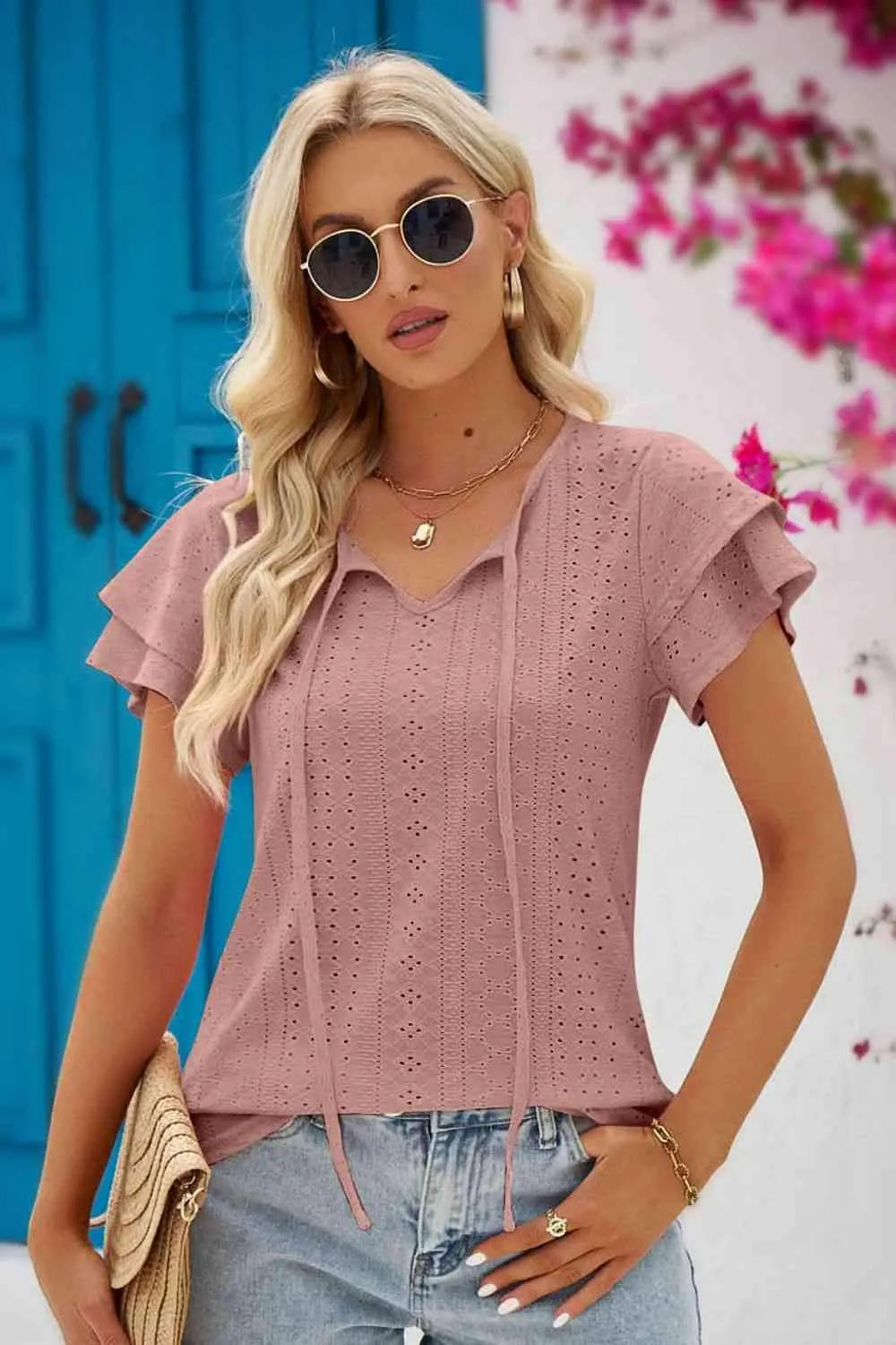 Eyelet Tie-Neck Flutter Sleeve Blouse Blouses - Tophatter Daily Deals