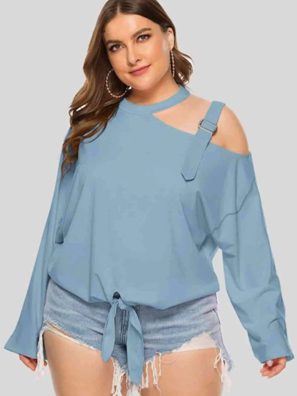 Plus Size Cold-Shoulder Tied Top Pastel Blue Blouses - Tophatter Daily Deals