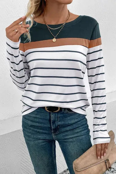 Striped Round Neck Long Sleeve T-Shirt Women's T-Shirts - Tophatter Daily Deals