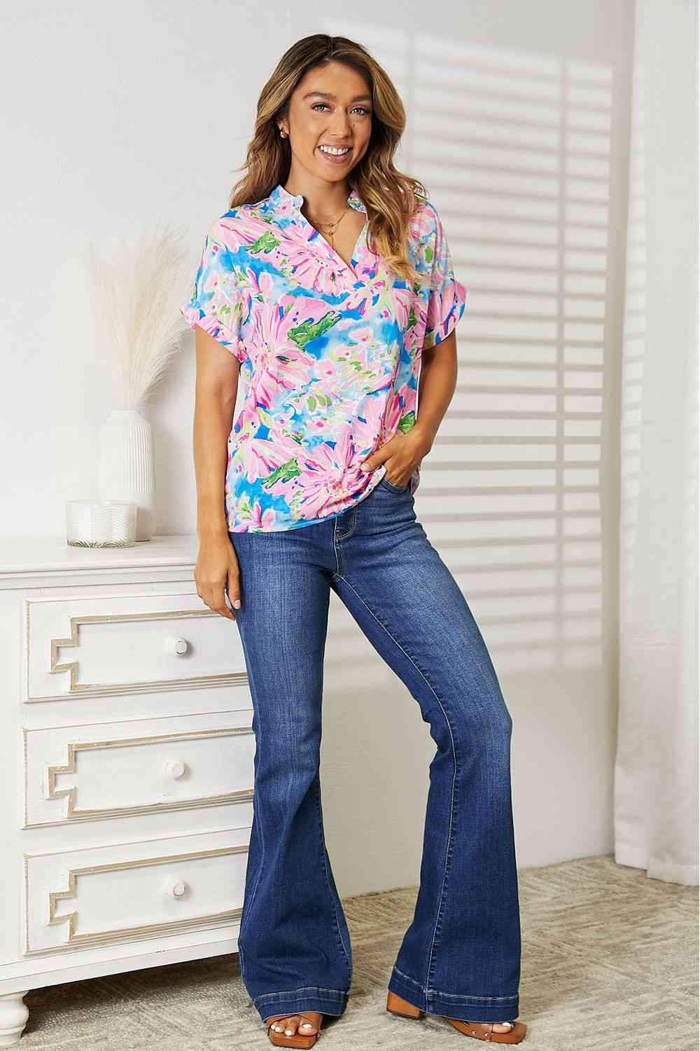 Double Take Floral Notched Neck Short Sleeve Top Blouses - Tophatter Daily Deals