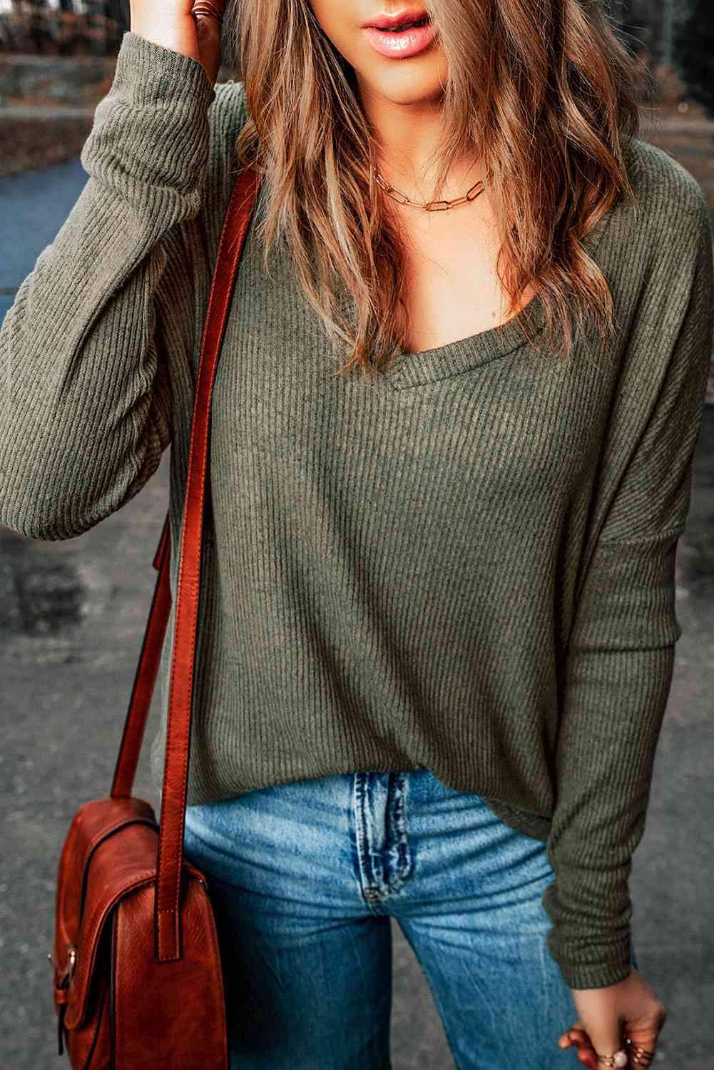 V-Neck Long Sleeve Ribbed Top Blouses - Tophatter Daily Deals