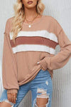 Ribbed Color Block Exposed Seam Round Neck Blouse Blouses - Tophatter Daily Deals