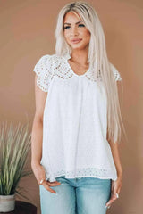 Eyelet Tassel Tie Flutter Sleeve Top White Blouses - Tophatter Daily Deals