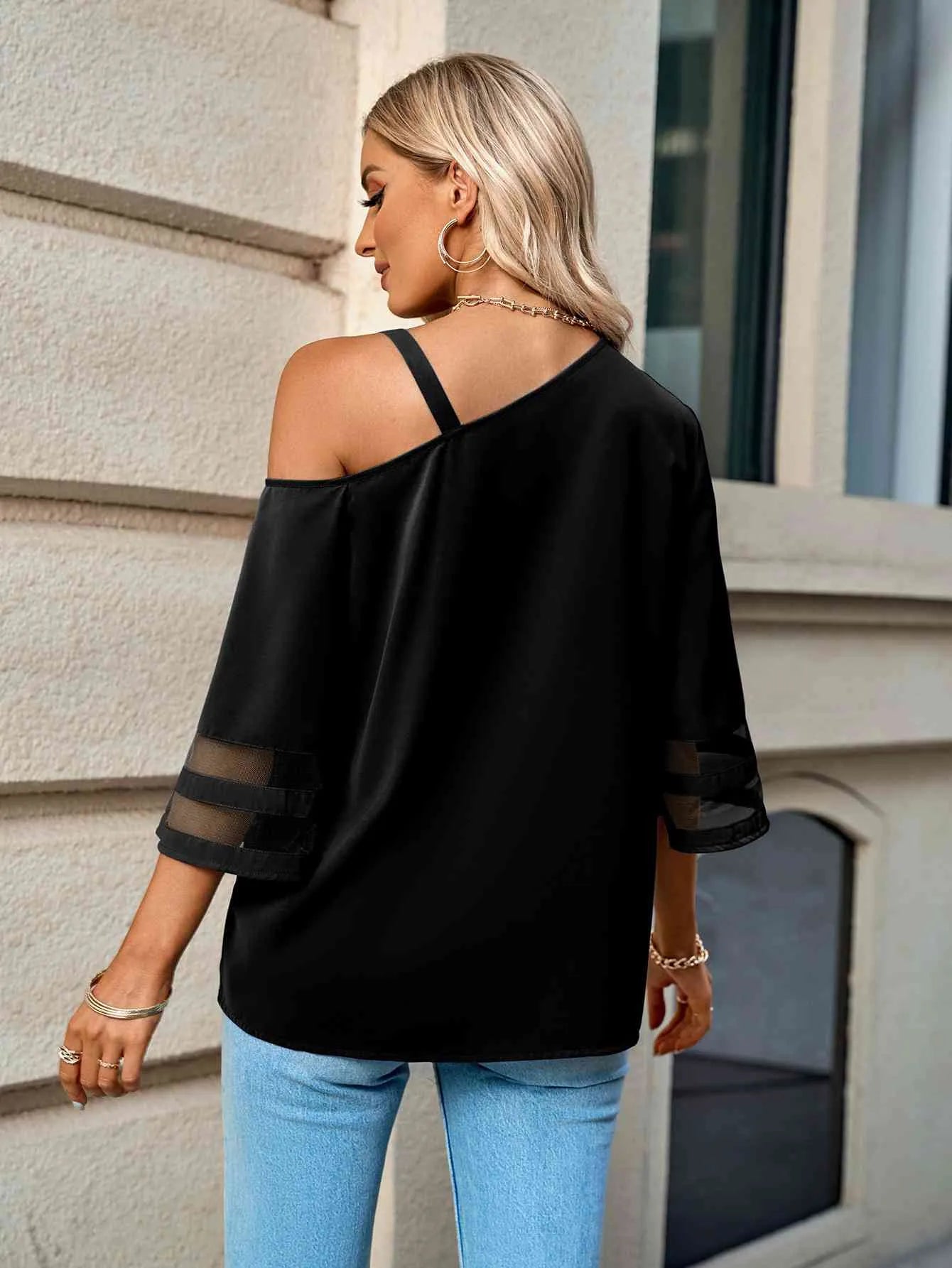 Asymmetrical Neck Sheer Striped Flare Sleeve Blouse Blouses - Tophatter Daily Deals