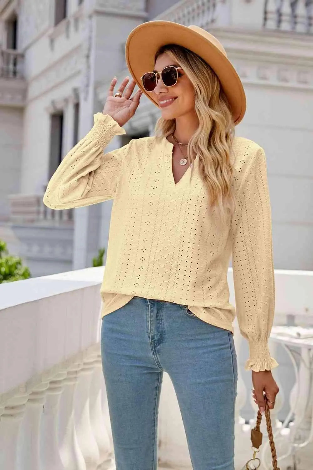 Notched Flounce Sleeve Eyelet Top Yellow Blouses - Tophatter Daily Deals