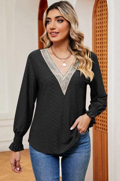 Eyelet V-Neck Flounce Sleeve T-Shirt Black Women's T-Shirts - Tophatter Daily Deals