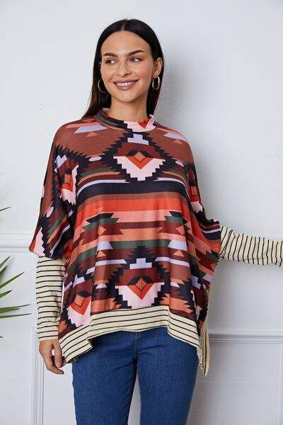 Geometric Striped Splicing Round Neck Blouse Multicolor Blouses - Tophatter Daily Deals