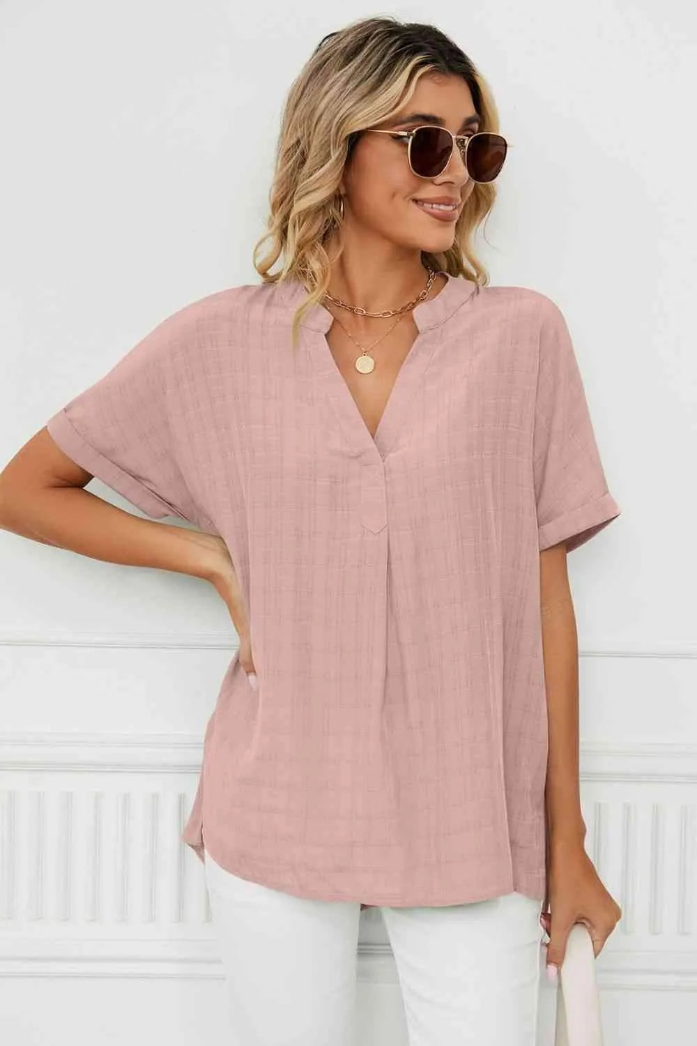 Side Slit Notched Neck Cuffed Short Sleeve Blouse Blouses - Tophatter Daily Deals