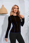 Ribbed Round Neck Long Sleeve Blouse Black Blouses - Tophatter Daily Deals