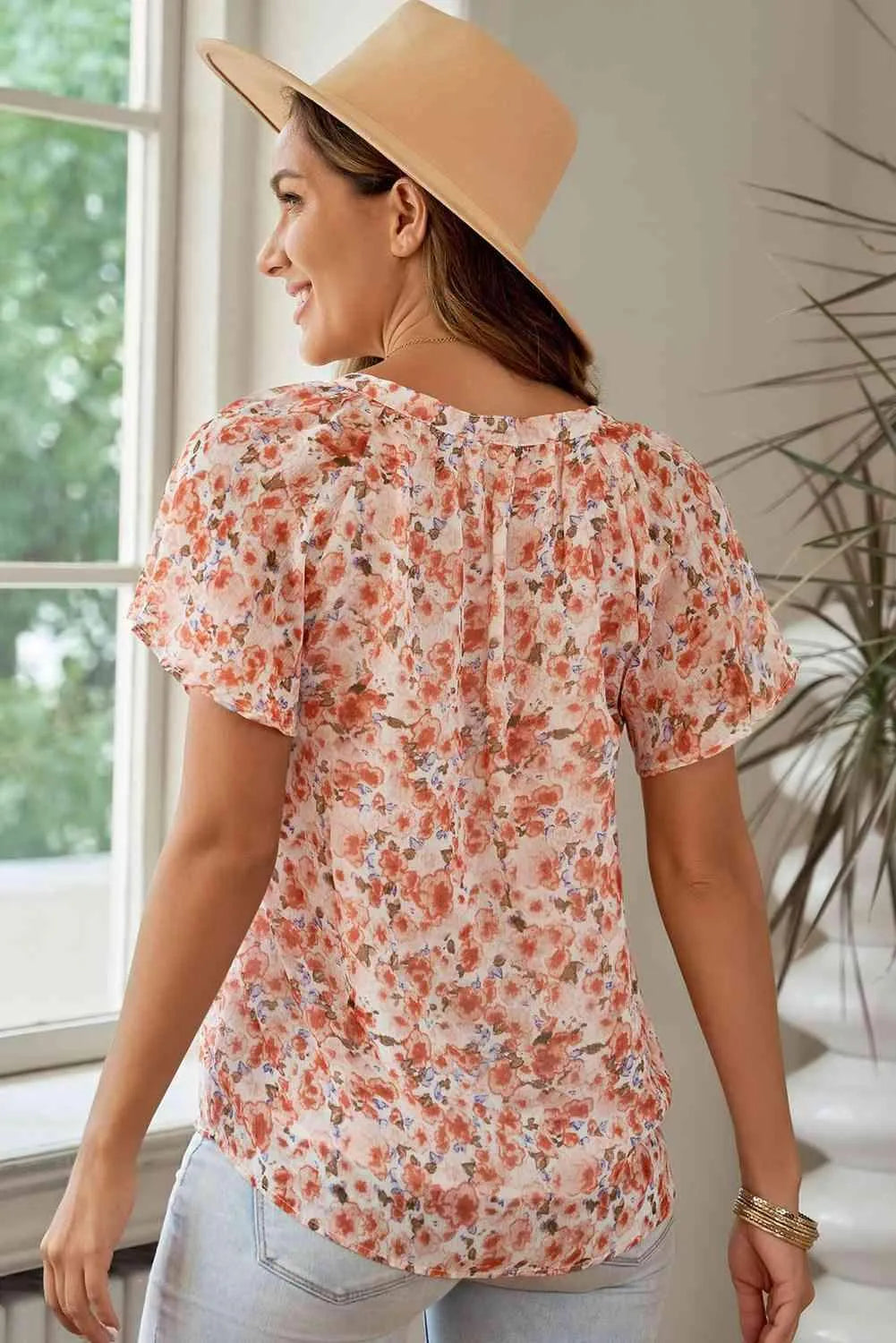Floral Notched Neck Flutter Sleeve Blouse Blouses - Tophatter Daily Deals
