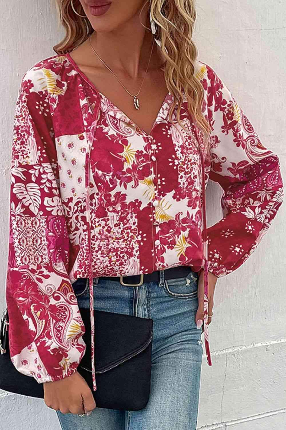 Patchwork Buttoned Tie-Neck Balloon Sleeve Blouse Floral Blouses - Tophatter Daily Deals