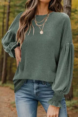 Round Neck Lantern Sleeve T-Shirt Green Women's T-Shirts - Tophatter Daily Deals