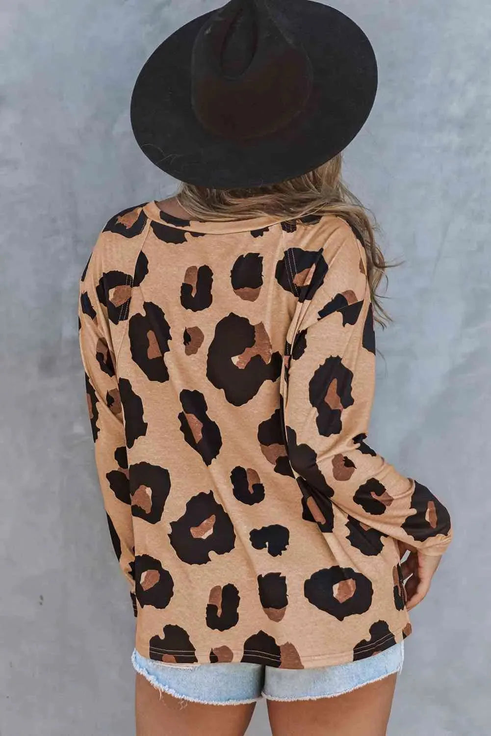 Full Size Leopard Print Round Neck Long Sleeve Tee Women's T-Shirts - Tophatter Daily Deals