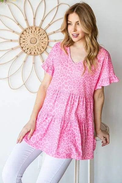 Heimish Full Size Leopard Ruffle Trim Short Sleeve Top Blouses - Tophatter Daily Deals