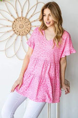 Heimish Full Size Leopard Ruffle Trim Short Sleeve Top Blouses - Tophatter Daily Deals