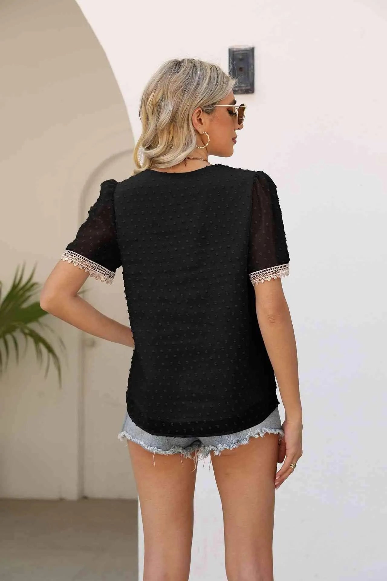 Contrast V-Neck Swiss Dot Top Blouses - Tophatter Daily Deals