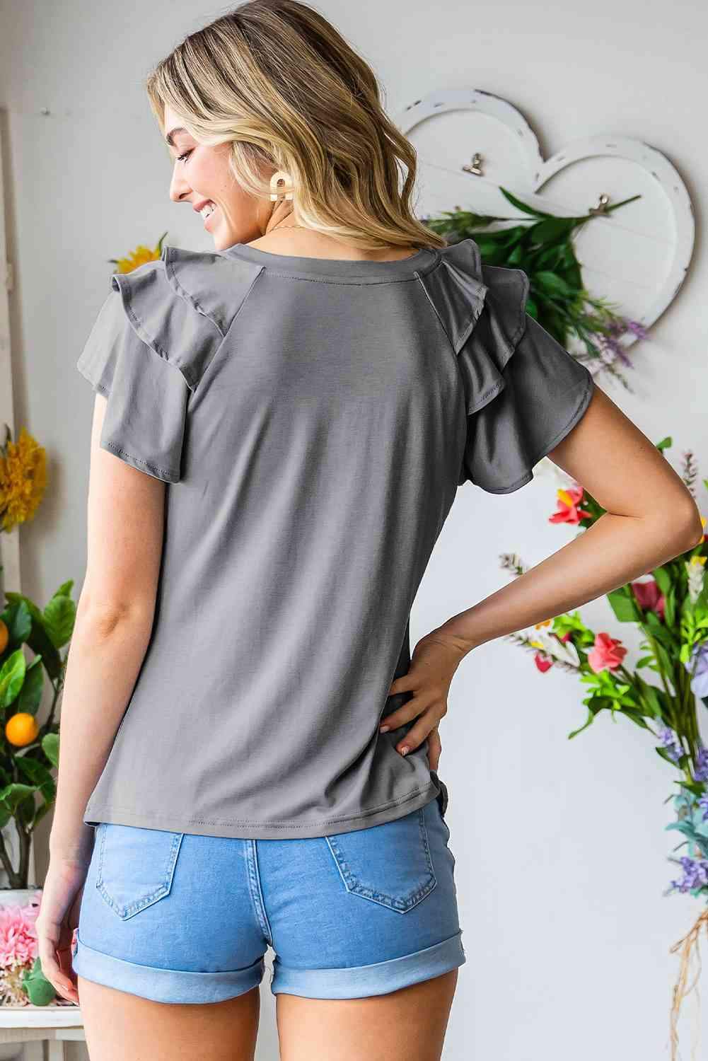 Layered Flutter Sleeve Round Neck Top Blouses - Tophatter Daily Deals