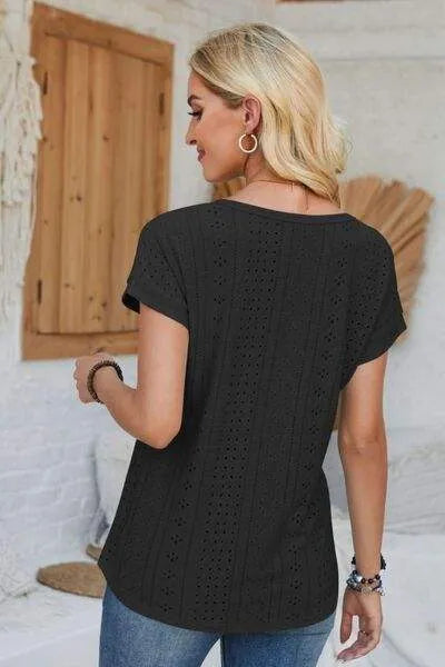 Eyelet Round Neck Rolled Short Sleeve T-Shirt Women's T-Shirts - Tophatter Daily Deals