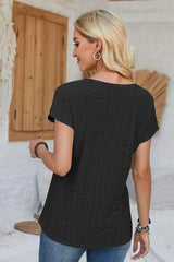 Eyelet Round Neck Rolled Short Sleeve T-Shirt Women's T-Shirts - Tophatter Daily Deals