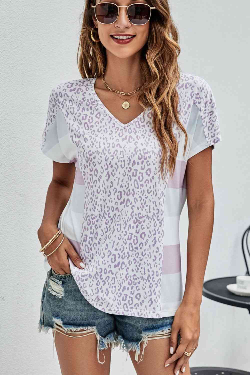 Leopard Striped V-Neck Tee Shirt - Shop Tophatter Deals, Electronics, Fashion, Jewelry, Health, Beauty, Home Decor, Free Shipping