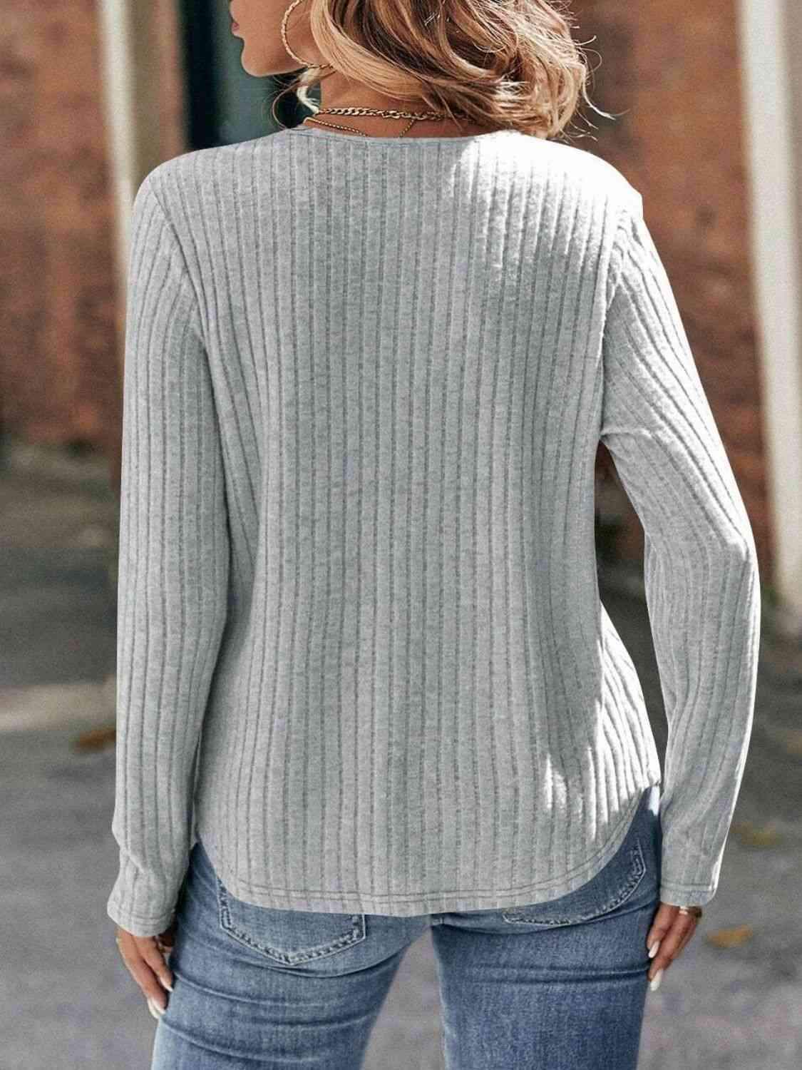 Round Neck Ribbed Long Sleeve T-Shirt Women's T-Shirts - Tophatter Daily Deals