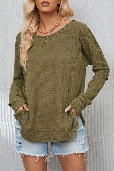 Mineral Washed Exposed Seam Round Neck Long Sleeve Blouse Blouses - Tophatter Daily Deals