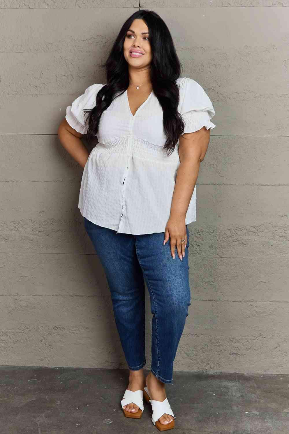 Culture Code Sweet Serenity Full Size V-Neck Puff Sleeve Button Down Top Blouses - Tophatter Daily Deals