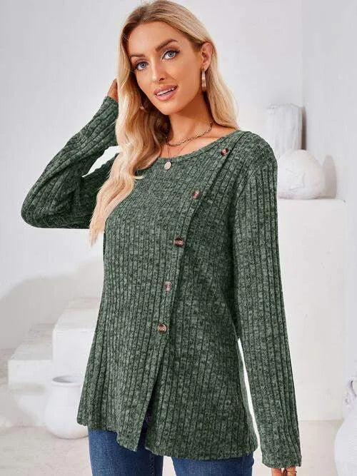 Ribbed Buttoned Round Neck Slit T-Shirt Women's T-Shirts - Tophatter Daily Deals