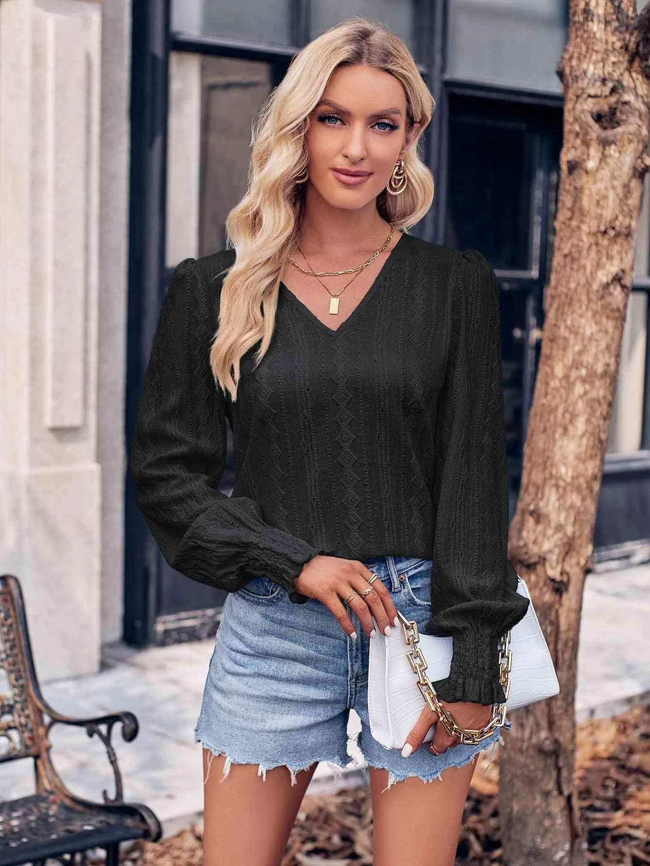 V-Neck Puff Sleeve Blouse Blouses - Tophatter Daily Deals