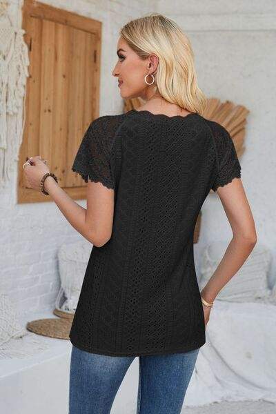 Eyelet V-Neck Lace Short Sleeve T-Shirt Women's T-Shirts - Tophatter Daily Deals