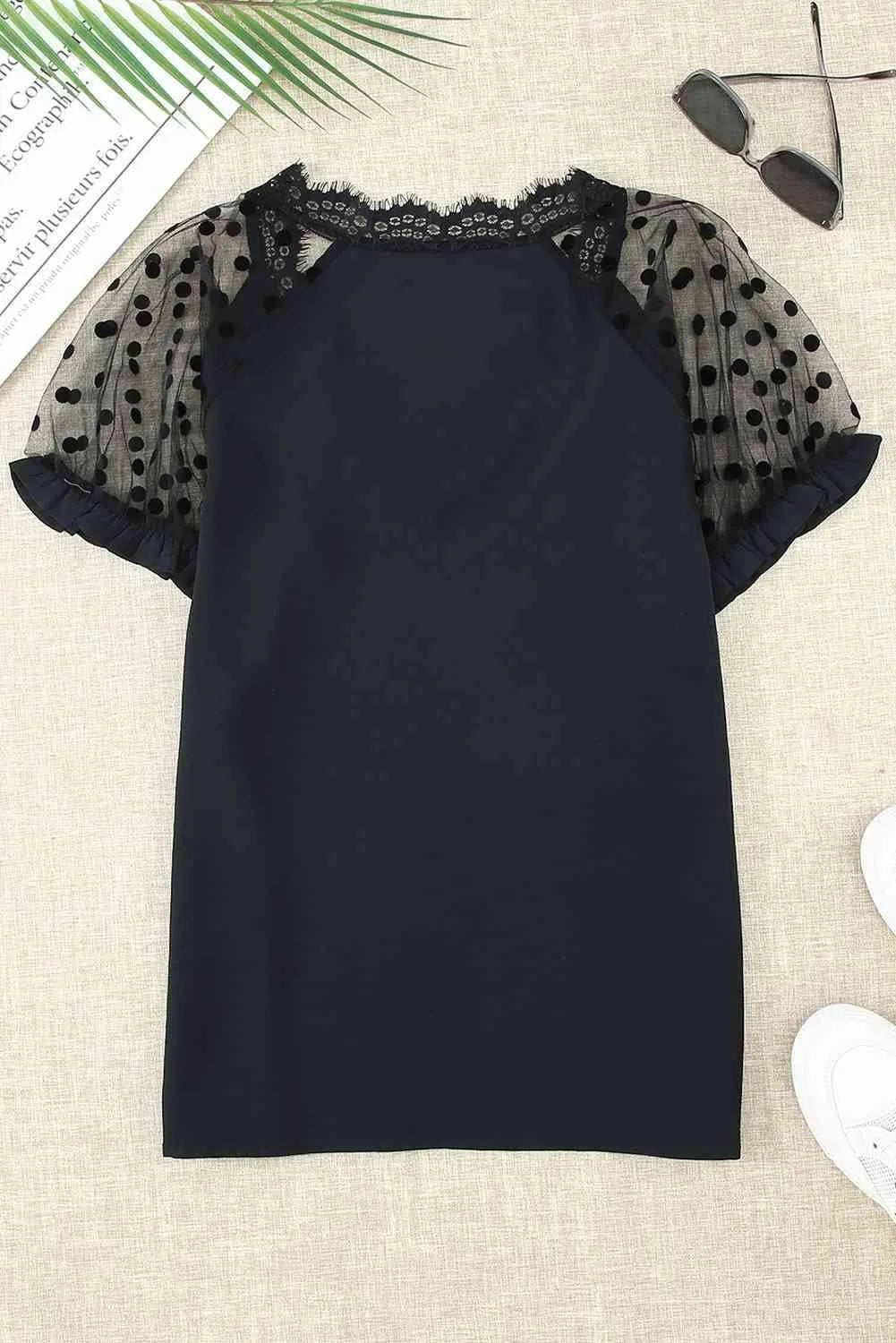 Polka Dot Lace Trim Spliced Mesh Blouse Blouses - Tophatter Daily Deals