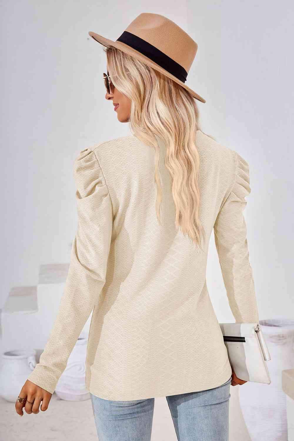 Round Neck Puff Sleeve Blouse Blouses - Tophatter Daily Deals