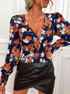 Smocked Floral Print V-Neck Lantern Sleeve Blouse Orange Floral Blouses - Tophatter Daily Deals