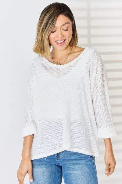 Zenana Full Size Waffle Knit V-Neck Long Sleeve Slit Top Blouses - Tophatter Daily Deals