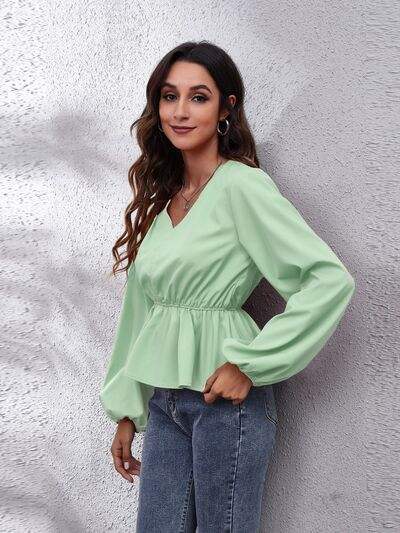 V-Neck Balloon Sleeve Peplum Blouse Blouses - Tophatter Daily Deals